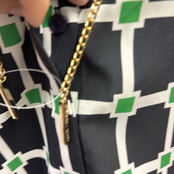 NWT Michael Kors Navy and Green Geometric Blouse with Gold Chain Accent - Size M - Picture 4 of 12